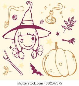 cute witch with Halloween stuff :pumpkin, bat, potion