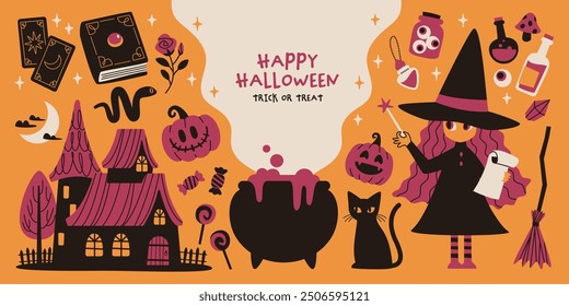Cute Witch Halloween Vector Illustration Set
