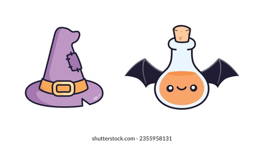 Cute Witch Hat and Bat Potion Illustration