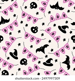 Cute witch hat, boo bunting, skulls, bat and stars Halloween seamless pattern. Spooky background in pink, white and black colors.