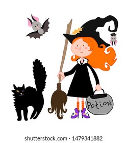 Cute witch in hat with broom, black cat bats and potion pot Halloween vector illustration 