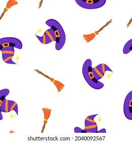 Cute witch hat and broom vector halloween seamless pattern on a white background