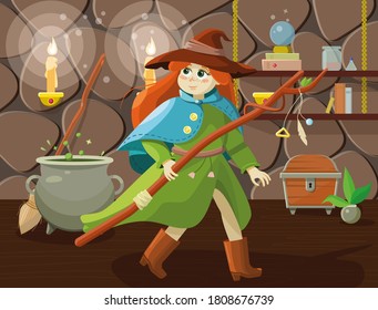 Cute witch with hat and cauldron in vector