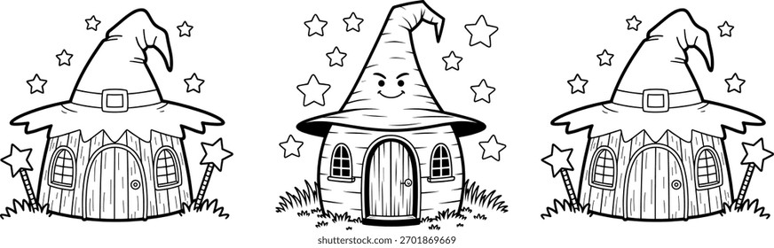 Lindo sombrero de bruja Cottage Doodle ilustración con estrellas y mágico tema de la casa de hadas