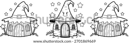 Cute Witch Hat Cottage Doodle Illustration with Stars and Magical Fairy House Theme