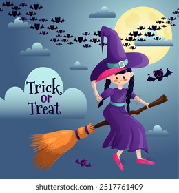 A cute witch in a hat is flying on a broomstick at night. A design element for invitation cards, Halloween parties. Design elements for the Internet, postcards and publications. Vector illustration