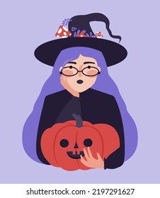Cute witch in hat, glasses with pumpkin. Halloween vector isolated illustration in flat style for party invitation, card, sticker. Witchcraft magical clipart.