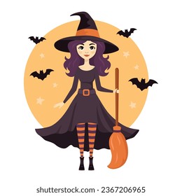 Cute witch in hat holding broom. Cartoon character for Halloween design. Isolated vector illustration 