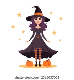 Cute witch in hat, pumpkins and stars. Cartoon character for Halloween design. Isolated vector illustration 