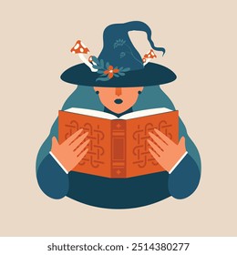 Cute witch in hat reading magic book, holding her in hand. Halloween, magical, mystic illustration for card, party invitation, sticker, banner. Vector clip art in flat design. Cartoon character.