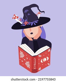 Una bruja linda en ese libro viejo. Ilustración aislada vectorial de Halloween en estilo plano para invitación de fiesta, tarjeta, pegatina, merch. Piloto místico.