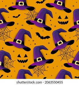 Cute Witch hat seamless pattern and spider web for Halloween  Cute doodle design  Jack o lantern set  funny hand drawn doodle  textile graphic design  wallpaper  wrapping paper  background 