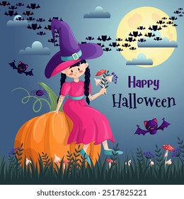 A cute witch in a hat is sitting on a pumpkin, it's night. A design element for invitation cards, Halloween parties. Design elements for the Internet, postcards and publications. Vector illustration