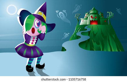A cute witch with a haunted castle.