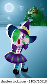 A cute witch with a haunted castle.