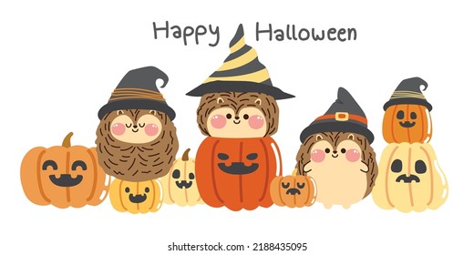 Cute witch hedgehog stay with many pumpkin on white background.Happy holloween.Animal character cartoon design.Kid graphic.Isolated.Kawaii.Vector.Illustration.