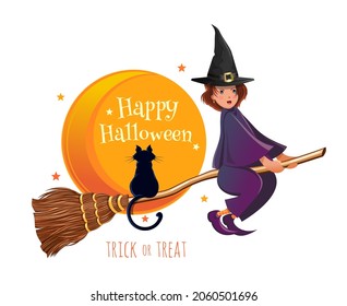 Cute witch and her black cat are flying on a broomstick against the background of a full moon. Happy Halloween. Trick or treat. Vector illustration