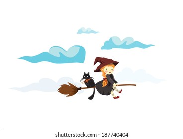 Cute witch with her cat flying on broom