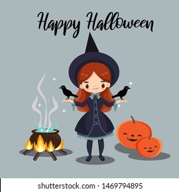 cute witch and her crows for halloween card.vector isolated with background