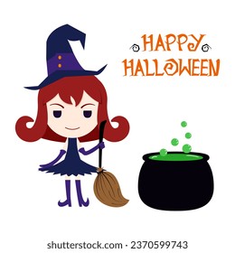 cute witch hold broom element isolated cartoon vector. Halloween party, holiday celebration, fantasy and magic on all hallows eve in autumn season