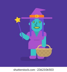 Cute witch holding basket and magic wand. Vector Illustration