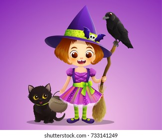 Cute witch holding broom and cauldron with black cat and raven
