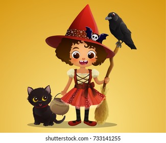 Cute witch holding broom and cauldron with black cat and raven