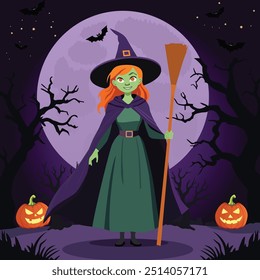 Cute Witch Holding a Broomstick with Pumpkin, Full Moon, Bats, and Haunted Castle in a Halloween Vector Illustration. Perfect for Depicting a Whimsical Halloween Night Scene, Featuring Adorable Witch 