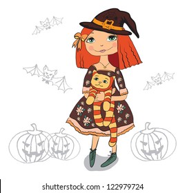 cute witch holding cat at halloween