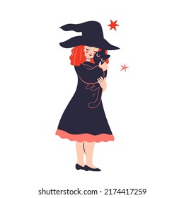 Cute witch is holding a cat isolated on white background. Vector graphics.