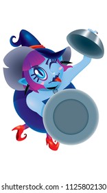 A cute witch holding an empty plate. Isolated.