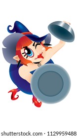 A cute witch holding an empty plate. Isolated.