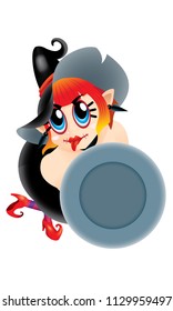 A cute witch holding an empty plate. Isolated.