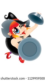 A cute witch holding an empty plate. Isolated.
