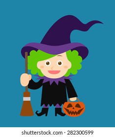 Cute witch holding halloween pumpkin. Festive frame. Vector