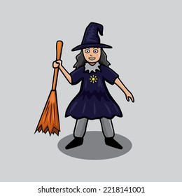 cute witch holding her broomstick,vector illustration with cartoon concept,suitable for halloween,poster,sticker.etc