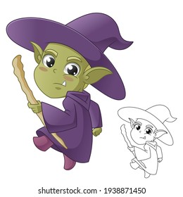 Cute Witch Holding Magic Wand with Line Art Drawing, Mythical Creature, Vector Character Illustration Mascot Logo in Isolated White Background.