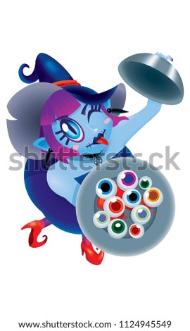 A cute witch holding a plate of eyeballs. Isolated.