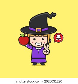 Cute witch holding poison apple cartoon icon illustration. Design isolated flat cartoon style