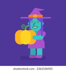 Cute witch holding pumpkin. Vector Illustration
