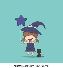 Cute witch holding the star-shaped balloons and black cat ride, halloween, drawing by hand vector