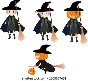 Cute witch and Jack Lantern illustration set