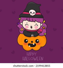 Cute witch in Jack o lantern Pumpkin Halloween kids (trick or treat cartoon). Series Happy girl party costume. Perfect make a wish for pattern, background, and wallpaper.