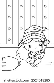 Cute Witch Kids Girl Halloween Character Cartoon Coloring Activity for Kids and Adult