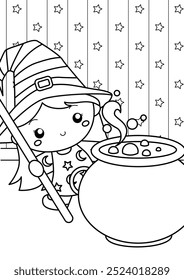 Cute Witch Kids Girl Halloween Character Cartoon Coloring Activity for Kids and Adult