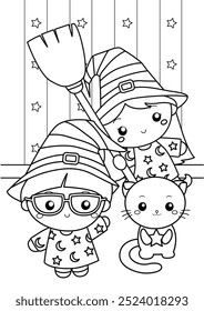 Cute Witch Kids Girl Halloween Character Cartoon Coloring Activity for Kids and Adult