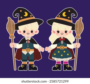 Cute Witch Kids Vector Image, Wizard Boy and Girl Vector Image, Cute Wizard Halloween Kid Vector Image, Magician Boy and Girl Vector Image.