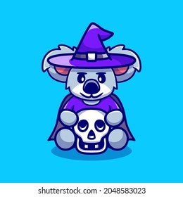 cute witch koala holding skull, suitable for cute animal halloween t-shirts or mascot designs