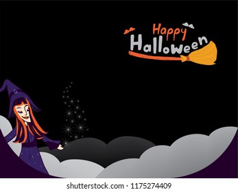 Cute witch lady character is making some magic on the cloud and dark sky with "Happy Halloween" on a broomstick. 