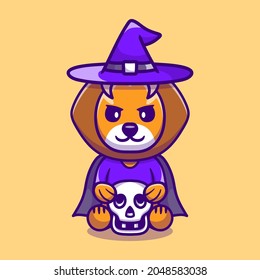 cute witch lion holding skull, suitable for cute animal halloween t-shirts or mascot designs